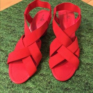 Red wedge heel strap shoes size 7